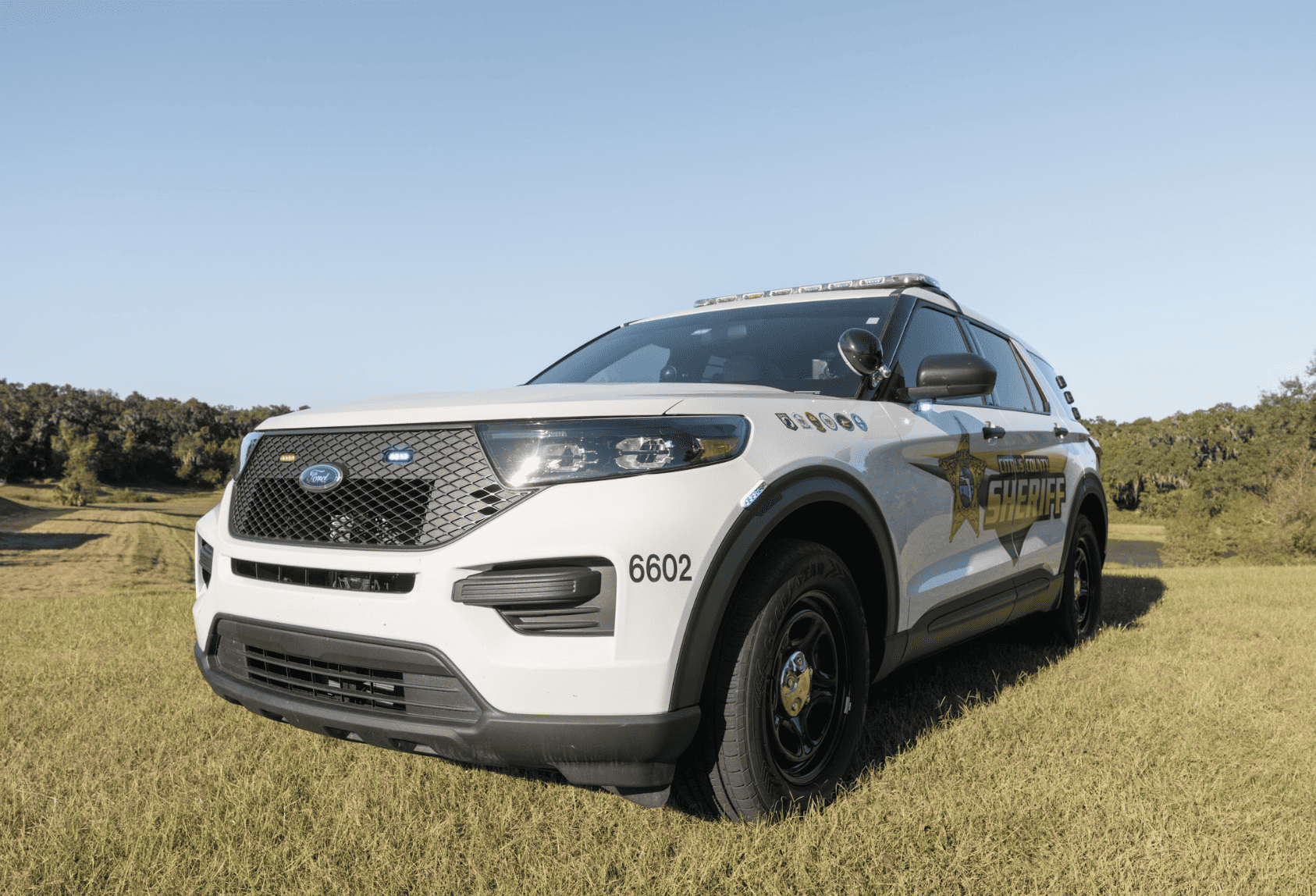 Police car parked in a field of grass