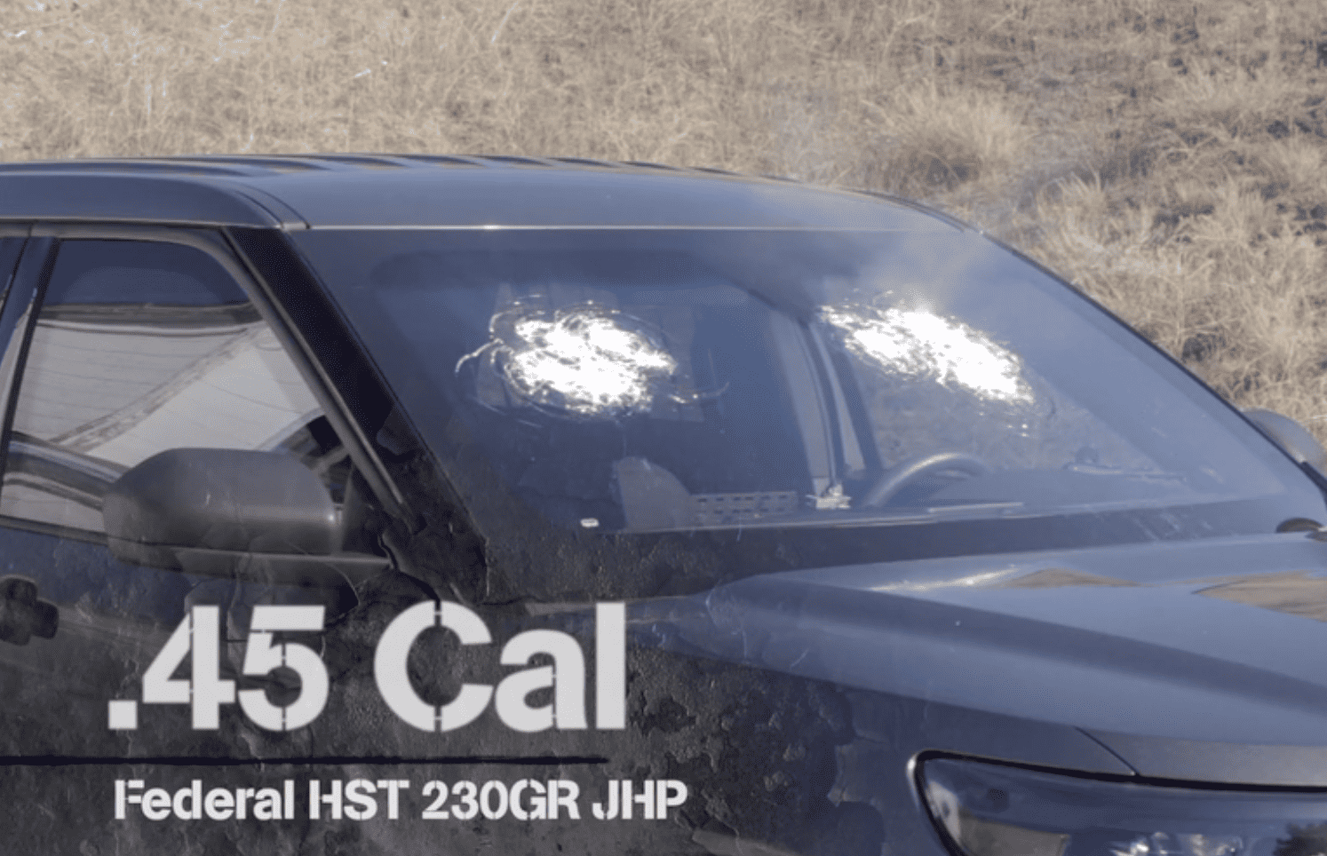 .45 Caliber gun shooting at a car with ballistic glass